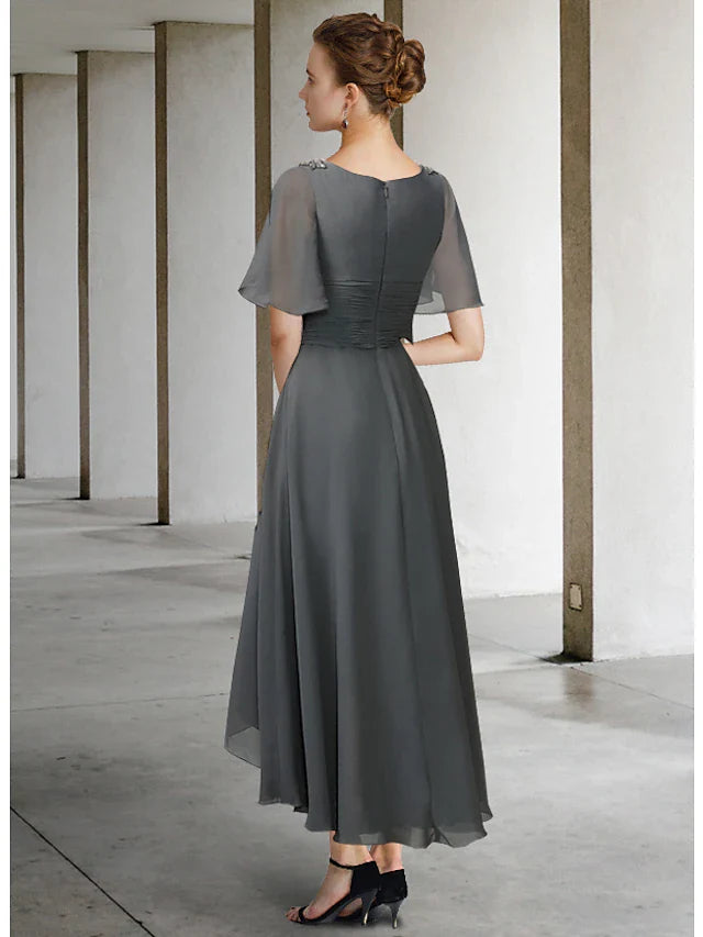 Wholesale A-Line Mother of the Bride Dress Elegant High Low V Neck Asymmetrical Chiffon Short Sleeve with Pleats Ruching